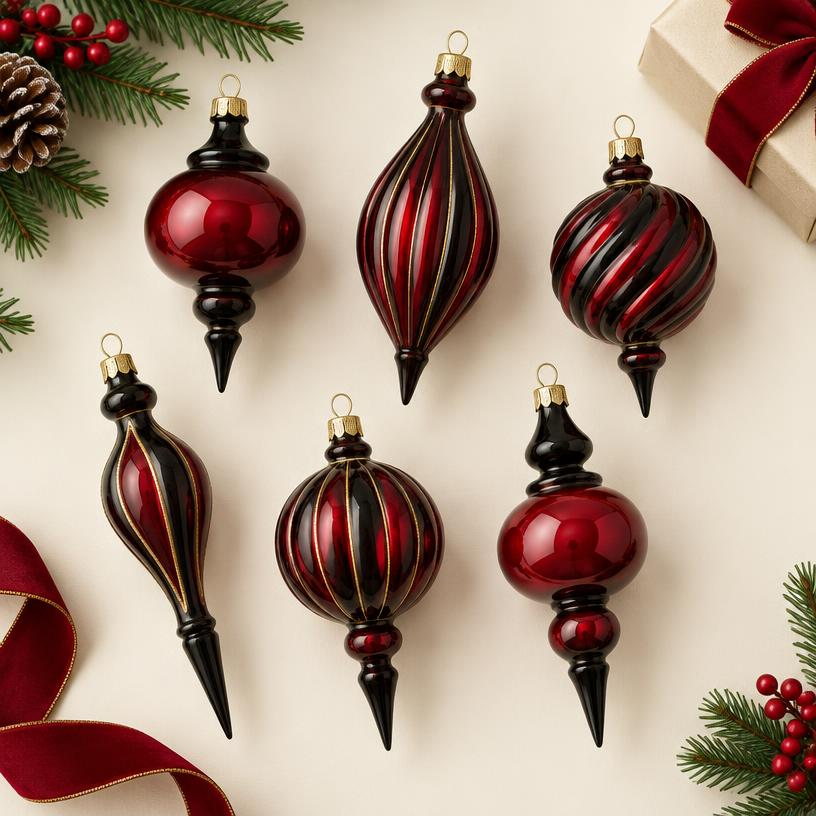 Crimson & Black Glass Finial Ornaments (6 pc)