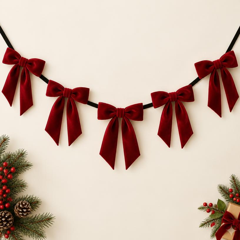 Crimson Velvet Bow Garland, 12 ft
