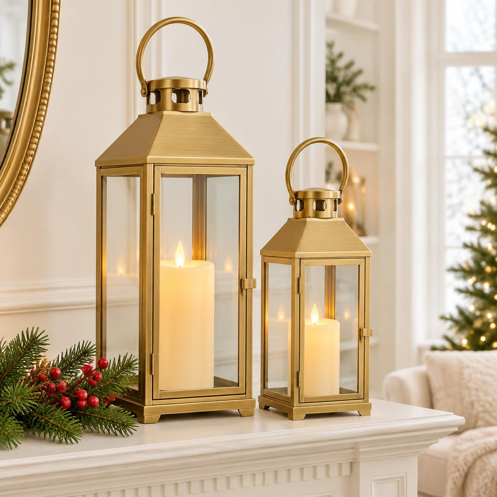 Golden Holiday Mantel Lanterns (2 pc)