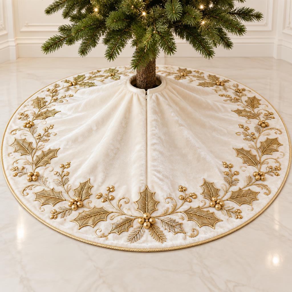 Ivory & Gold-Embroidered Tree Skirt