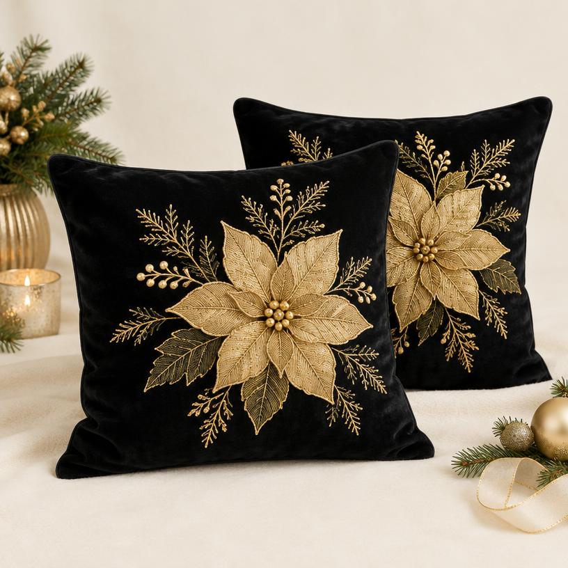 Gold Poinsettia Velvet Pillows (2 pc)