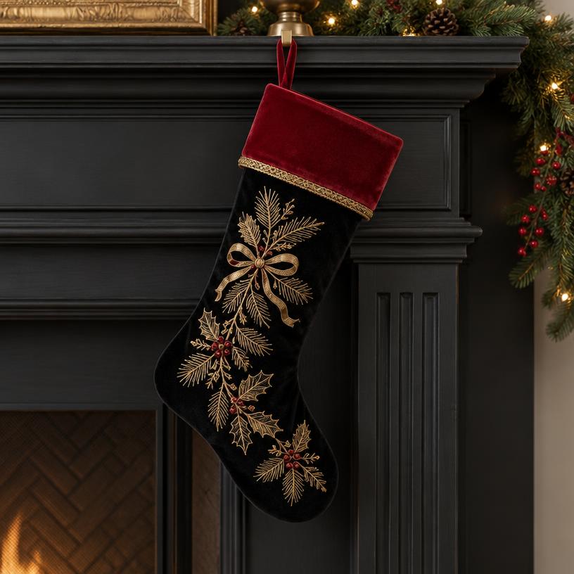 Embroidered Black Velvet Stocking