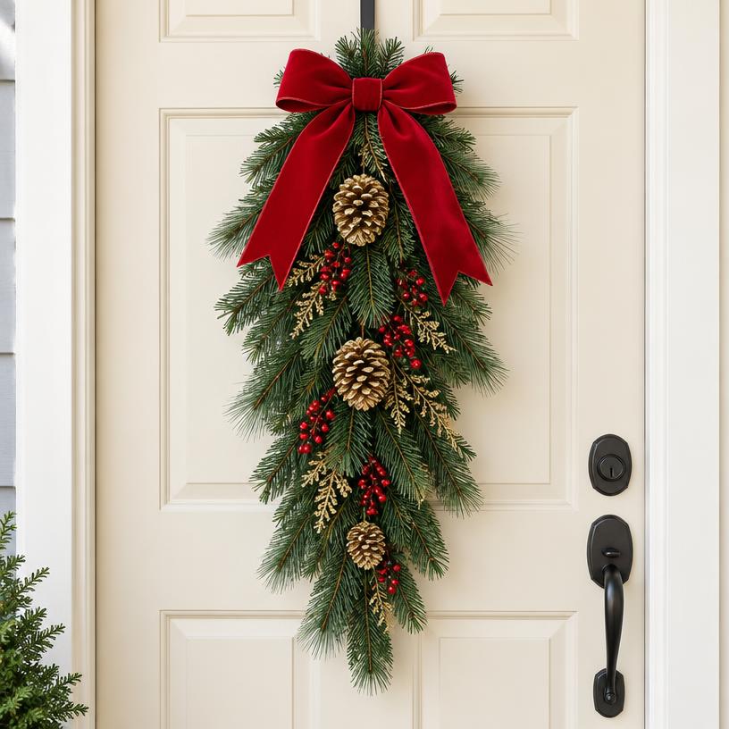 Velvet Bow Evergreen Door Swag, 30 in
