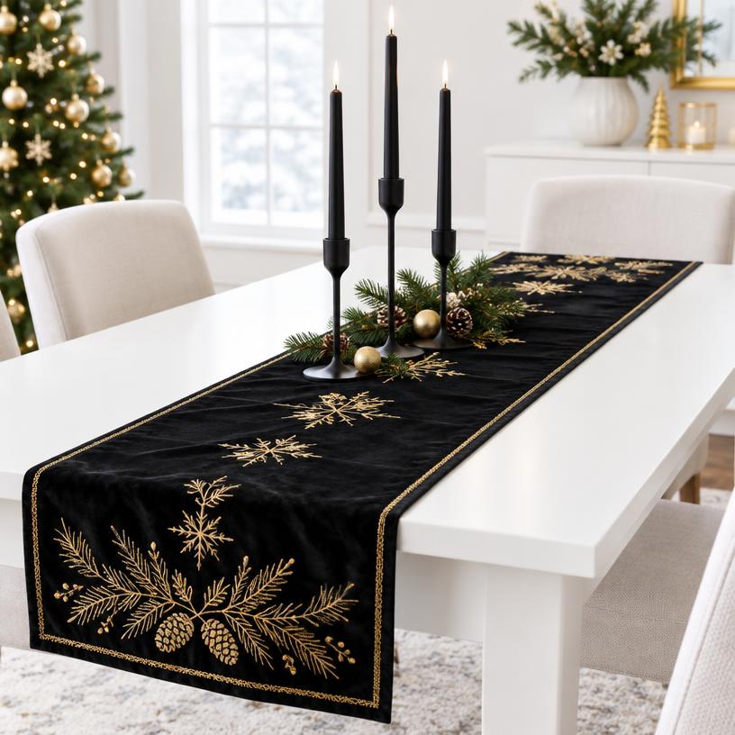 Gold-Embroidered Velvet Table Runner, 90 in