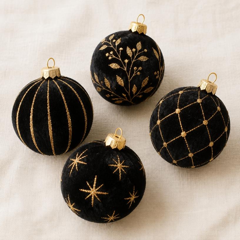 Gilded Black Velvet Ornaments (4 pc)