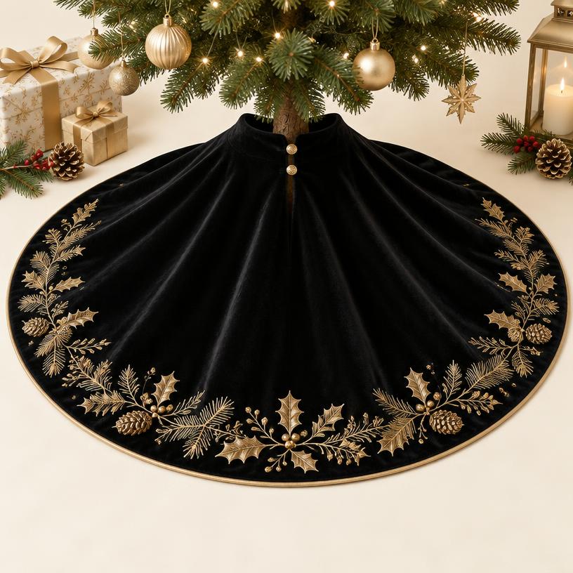 Gold-Embroidered Velvet Tree Skirt, 48 in